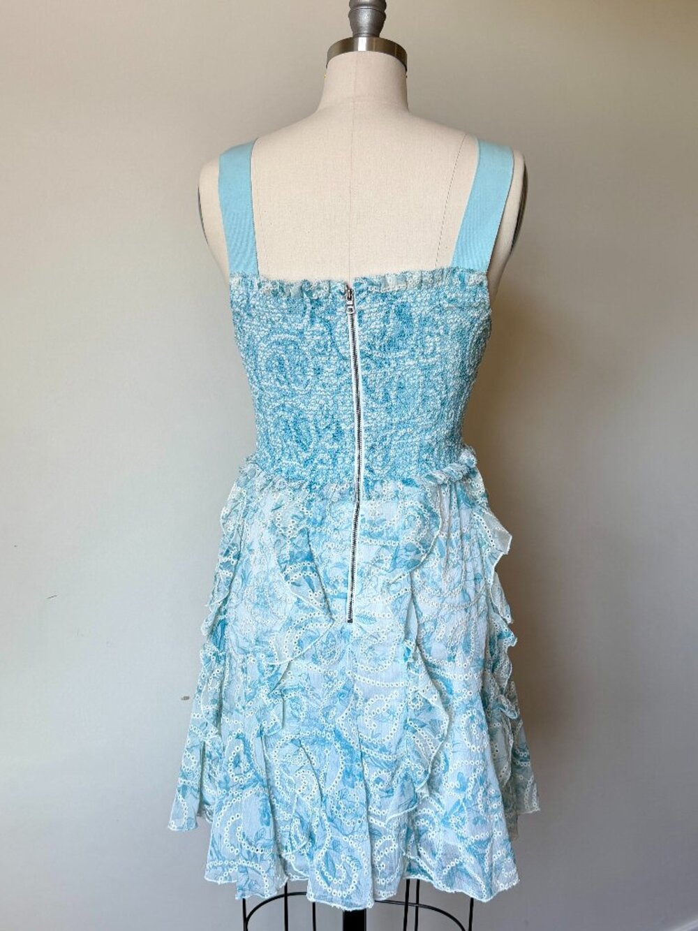 Alice + Olivia Blue Floral Ruffle Dress | Eyelet Detail Mini | 4 | Cottagecore - Picture 3 of 6